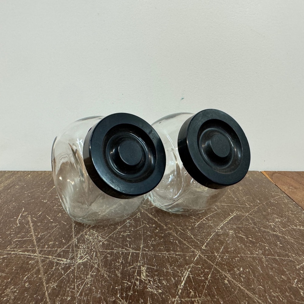 Vintage Clear Glass Spice Canisters with Black Lids, Set‎ of 2 Kitchen Storage